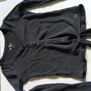 Hollister Ribbed V-Neck Button Down Top Long Sleeve Size Small Front Tie